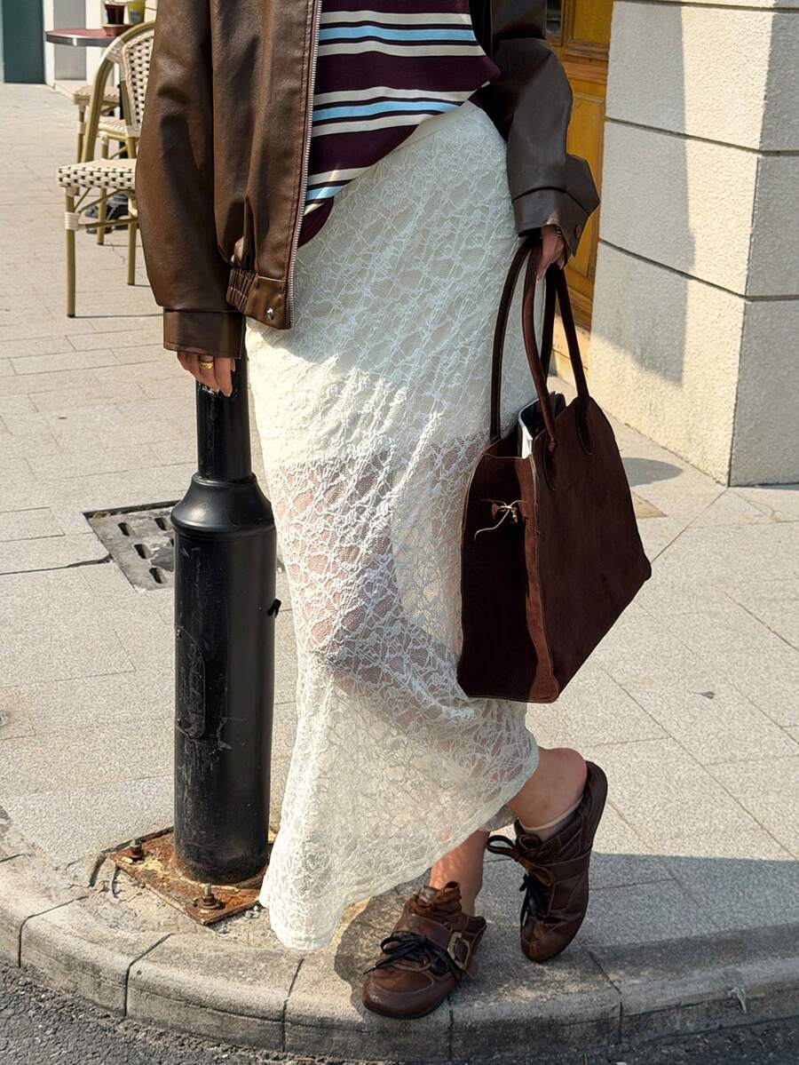 Almamuse 女士弹力腰蕾丝长款优雅半身裙 - 白色 - 查看 1