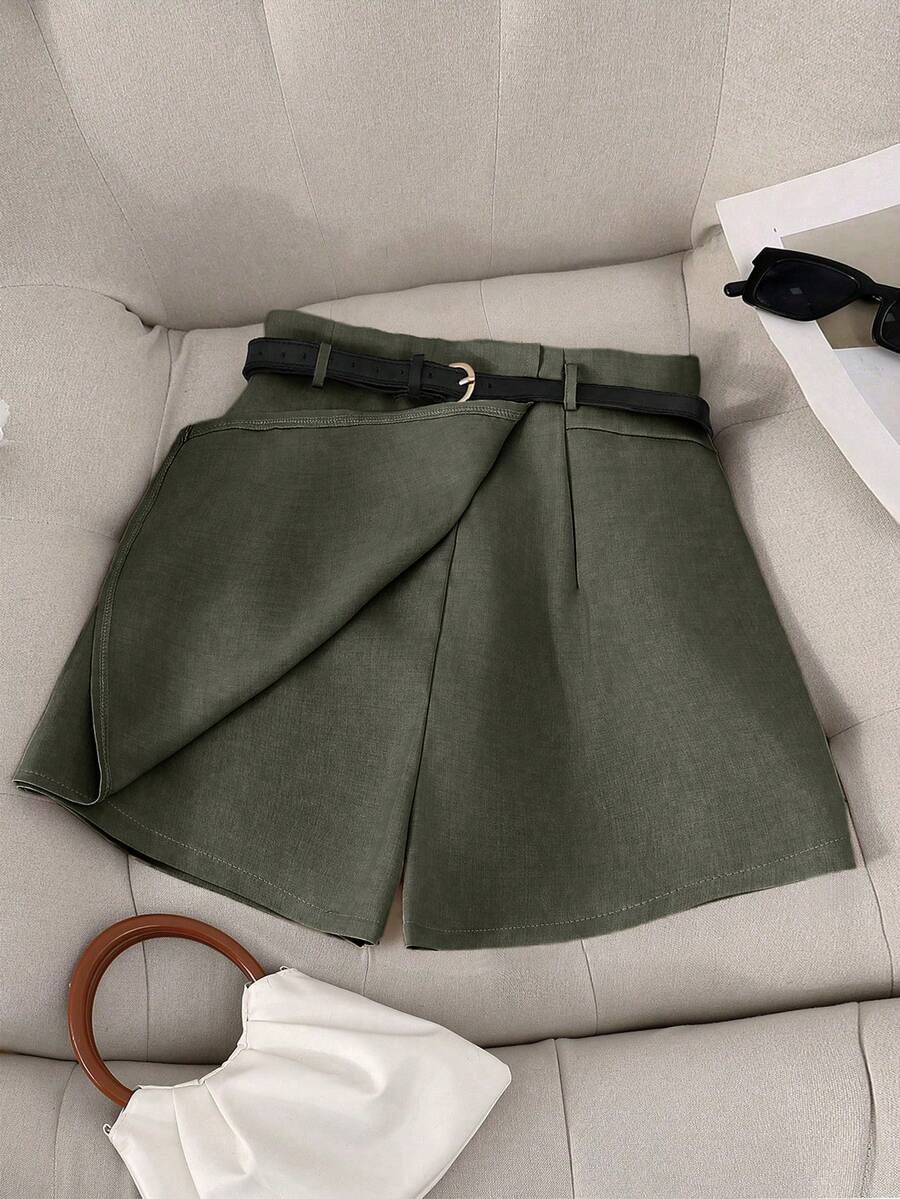Franclia 大码女式纯色优雅腰带装饰短裤，适合通勤、外出、办公、派对、夏季休闲穿着 - 軍綠色 - 查看 1