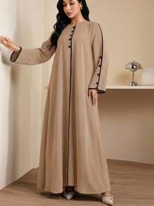 Veilorie Women's Round Neck Long Sleeve Button Design Loose Arabic Style Dress - Khaki - View 4