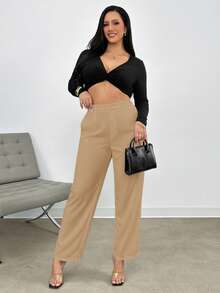 SHEIN Frenchy 秋冬季大码纯色西装裤 - 卡其色 - 查看 5