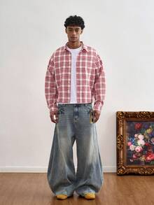 TOKVUE Men's Plaid Long Sleeve Shirt, Regular Hem, Lapel Collar, Woven Fabric, Casual Style