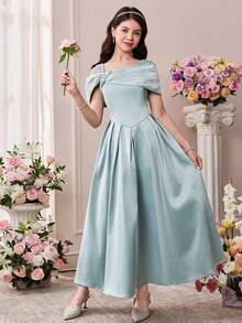 SHEIN Pitira 少女优雅派对礼服，网纱刺绣花卉连衣裙，饰以金属水钻纽扣，不对称荷叶边肩部设计A字裙摆，正式婚礼伴娘礼服 - 綠色 - 查看 5