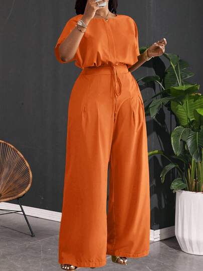 Slaydiva 2025 Spring/Summer New Elegant & Commute & Party & Club & Outdoor Green Loose Drop Shoulder Drawstring Hem Cropped Top And Wide Leg Pocket Pants Women Plus Size 2-Piece Set - A