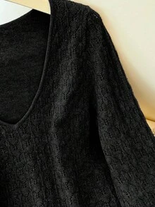 Franclia Women's V-Neck Long Sleeve Casual Loose Knit Sweater, Autumn/Winter - Black - View 5