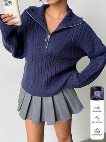 SHEIN MOOSTA Women's Navy Blue Cable Knit Sweater, Fashionable Casual Versatile Commuter Loose Fit Long Sleeve Pullover, Autumn/Winter - Blue - View 1