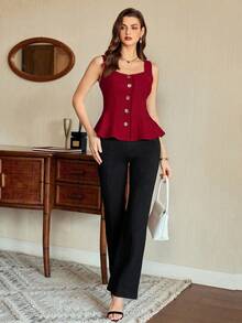 Vintamour 复古经典优雅女士衬衫，金属花朵纽扣无袖白色衬衫，春夏款 - 酒紅色 - 查看 5