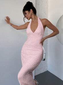 Firerie Elegant Romantic V-Neck Sleeveless Textured Bodycon Maxi Dress, Suitable For Date Nights, Spring/Summer - Baby Pink - View 3