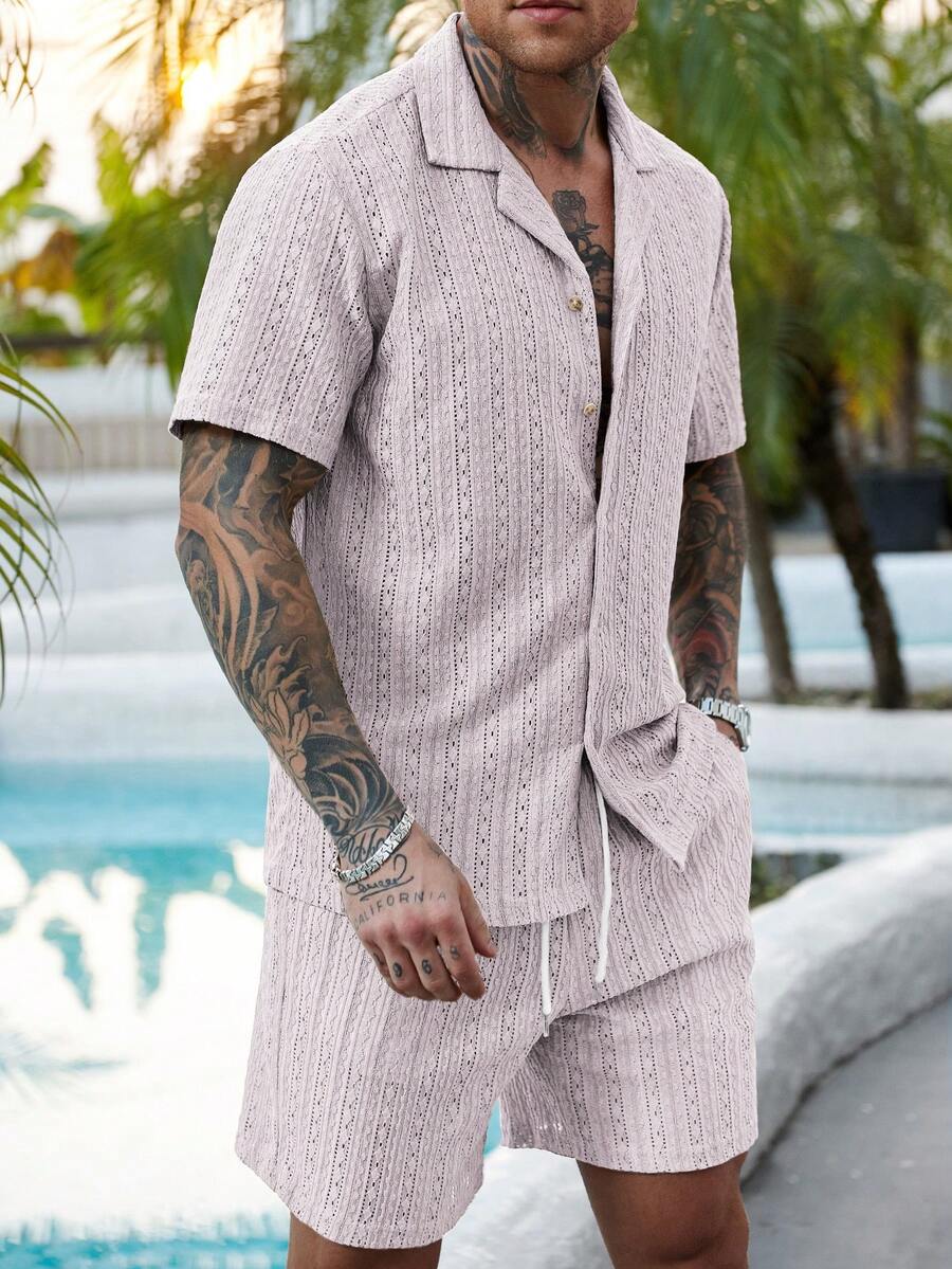 Manfinity RSRT Bộ 2 món gồm áo sơ mi cài cúc khoét lỗ và quần short nam màu trơn, trang phục thường ngày thoải mái cho chồng, thích hợp cho kỳ nghỉ, bãi biển, hoạt động thường nhật và mùa hè. - Màu Xám nhạt - Xem 1