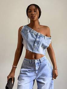 StreetHx Áo sơ mi denim nữ màu trơn thời trang dáng bất đối xứng - Rửa nhẹ - Xem 5