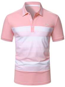 Calvornis 男士粉白條紋 Polo 衫，短袖夏季休閒拼色高爾夫 Polo 衫，學院風圖案通勤正式款，男友禮物，儀式感 - 粉色 - 查看 4