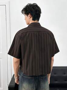 ESTAVOR Men's Fashionable Casual Striped Button-Down Short Sleeve Shirt - Brown - View 4