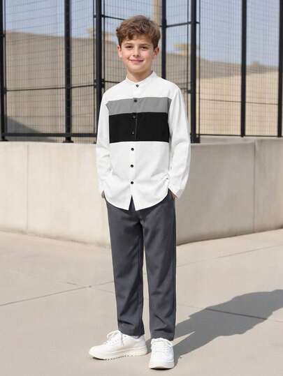 Vacaura 2 件套青少年男童休闲撞色衬衫套装，适合秋季日常通勤，可搭配白色休闲鞋和 T 恤