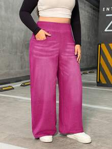EMERY ROSE Jeans de pierna ancha de novio de punto elástico de talla grande - Rosa Fucsia - Ver 7