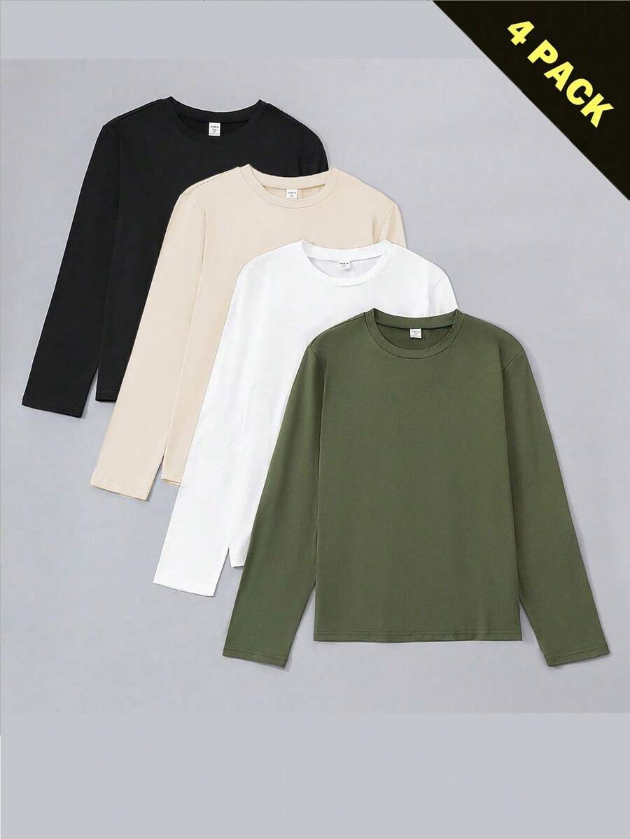 Vacaura 4件装高性价比青少年(男)T恤,黑色、灰色、白色、卡其色,4种颜色可选,4件套百搭休闲T恤套装 - 彩色 - 查看 1