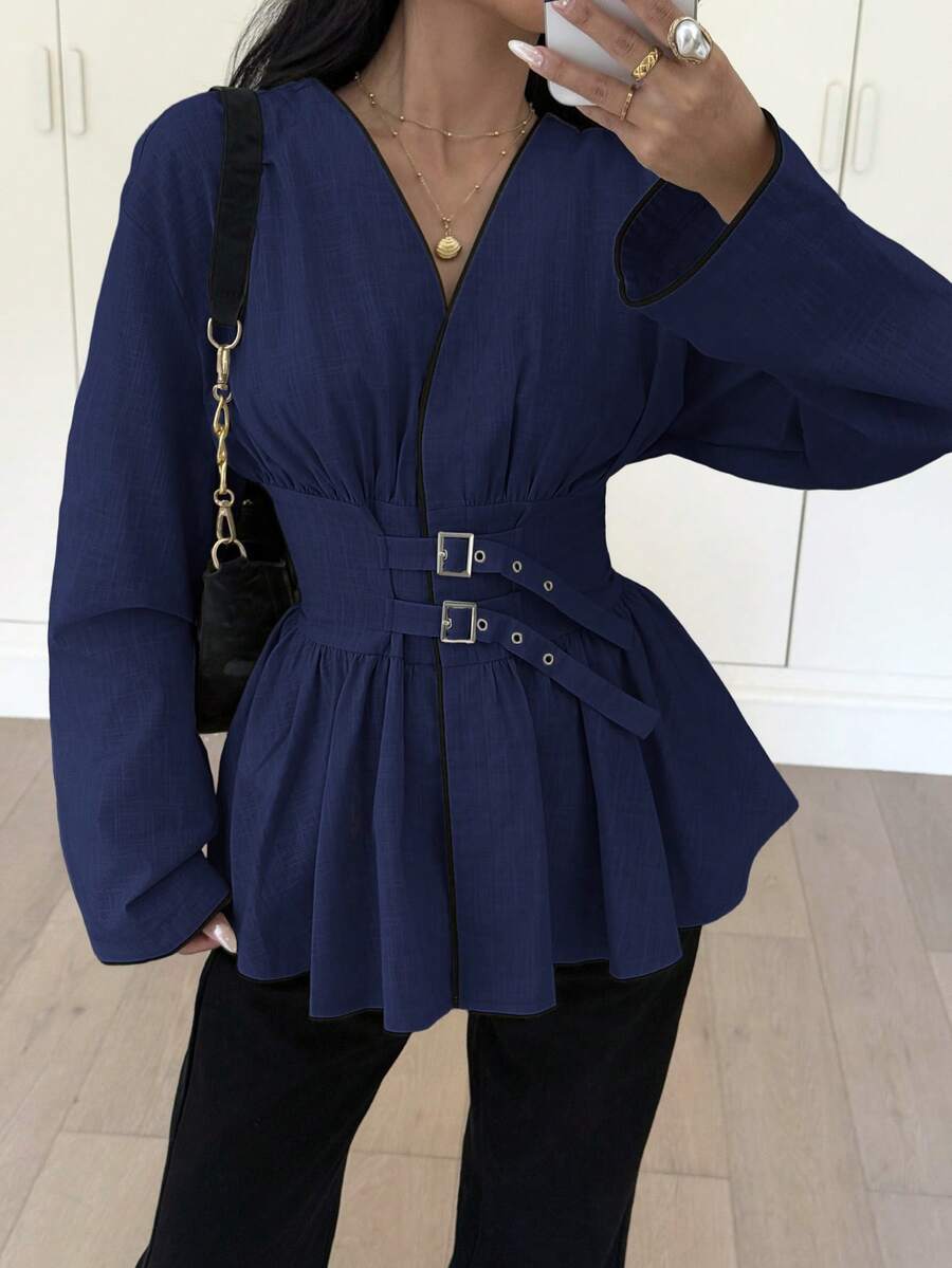 Siren Gaze Women's Cotton Contrast Trim Waist Shirt, Autumn/Winter New Arrival Spring - Navy Blue - View 1