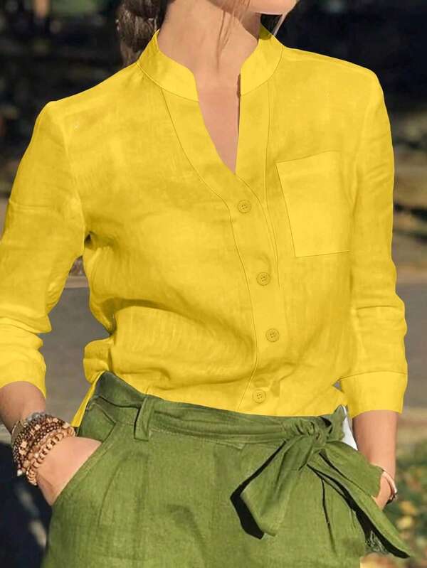 Camisa elegante informal de color liso con cuello en V y botones para mujer,Top de manga larga casual de moda