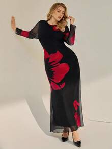 SHEIN Essnce Đầm maxi cỡ lớn thanh lịch cổ thuyền tay dài nhuộm màu loang ngẫu nhiên chất liệu lưới xuyên thấu gợi cảm dự tiệc cocktail thường ngày - Màu Hồng Tươi - Xem 6