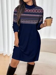 SHEIN Essnce Đầm dài tay dáng suông họa tiết hình học dành cho nữ cỡ lớn - Màu xanh hải quân - Xem 3