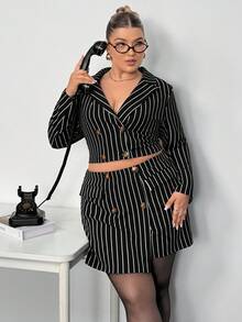 Truni 大码条纹印花双排扣长袖上衣和半裙两件套/秋冬 - 黑色 - 查看 10