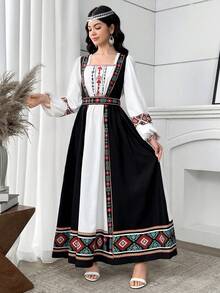 SHEIN 少女方领长袖休闲印花梭织连衣裙 - 白色 - 查看 4