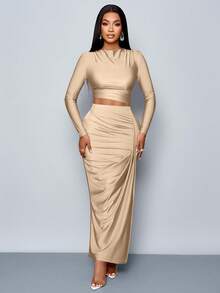 SOLERSUN Conjunto de 2 piezas para mujer de unicolor, elegante y casual, con camiseta de manga larga de cuello asimétrico simple y falda larga plisada con abertura lateral ceñida, conjunto de dos piezas - Caqui - Ver 5