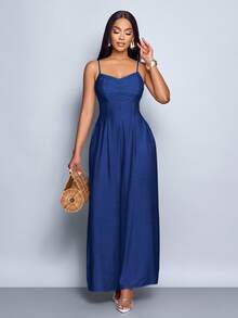 SOLERSUN Tuta da donna con scollo a cascata, colletto a cascata, allacciatura, schiena scoperta e gamba ampia, adatta per uso quotidiano e vacanze - Blu Navy - Visualizzare 4