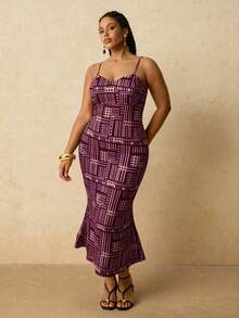 Travachic Conjunto de 2 piezas de vestido de punto con camisola de mujer talla grande con patrón geométrico africano y chal de malla - Rojo violeta - Ver 5