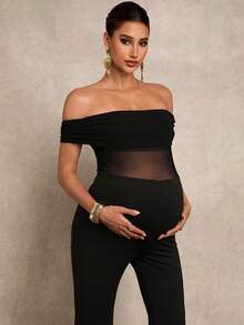 MaterniChic Maternity Solid Color Off Shoulder Jumpsuit  Party - Black - View 5