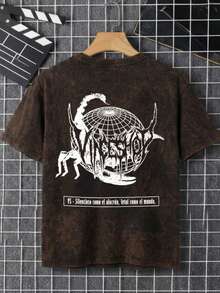 Camiseta para hombre estilo vintage urbano con estampado de letras, tela de algodón lavado, corte holgado, corta, para primavera y verano, uso diario, reuniones y combinaciones versátiles - Marrón oscuro - Ver 3