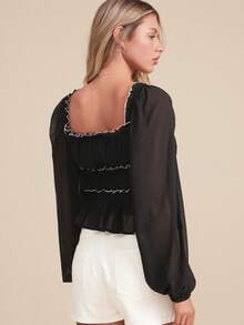 WESTFADE Sweetheart Neck Bow Front Long Sleeve Chiffon Top Winter, Spring, Resort, Valentine's Day, Cute, Boho, Cowgirl, Western Wear For Women, Nashville, Vacation - Black - View 2