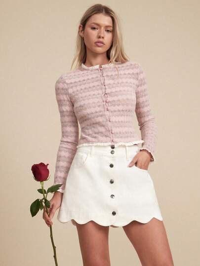 WESTFADE Button Front Scallop Hem A-Line Denim Mini Skirt Winter, Spring, Resort, Valentine's Day, Cute, Boho, Nashville, Cowgirl, Western Wear, Vacation