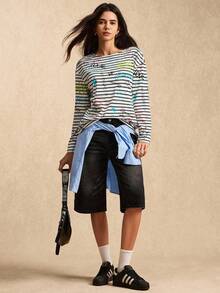 Easelle 女士字母条纹印花圆领休闲宽松长袖T恤 - 彩色 - 查看 7