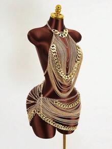 Mistrie Women's Sexy See-Through Chain Rhinestone 2 Pieces Set, Autumn/Winter - Gold - View 8