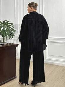 Truni Trang phục mùa thu cho nữ, bộ 2 món cỡ lớn màu trơn tay dài chất liệu vải có họa tiết, áo và quần dáng rộng thoải mái. - màu đen - Xem 2