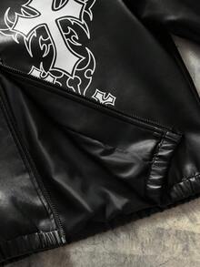 AXEPEAK Men's Casual Fashion Street Cross Print Zip-Up Jacket, Autumn - Black - View 10