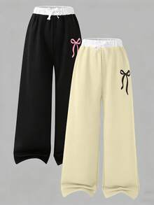 SHEIN 2 chiếc quần nỉ cỡ lớn dành cho bé gái, kiểu dáng thường ngày, đa năng, in họa tiết đường phố, ống rộng, cạp quần phối màu tương phản, thích hợp cho mùa Thu/Đông. - Nhiều màu - Xem 3