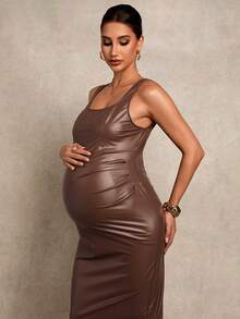 MaterniChic Maternity Solid Color PU Leather Square Neck Sleeveless Elegant Dress Summer Outfits  Elegant Dresses - Brown - View 7
