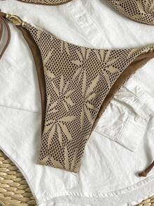Swim Vcay Bộ bikini nữ mùa xuân/hè gồm áo hai dây dệt kim jacquard không gọng, họa tiết vỏ sò và quần bơi buộc dây bên hông, thích hợp cho kỳ nghỉ biển hoặc du lịch. - màu nâu - Xem 5