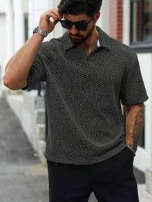 Manfinity Homme Áo Polo kẻ sọc dáng rộng dành cho nam giới trưởng thành, kiểu áo sơ mi . - Màu xám đen - Xem 7
