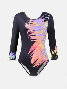 SHEIN 少女彩色印花弹力修身短袖运动服，适合体操、校园比赛、日常训练，色彩鲜艳，穿着舒适。 - 彩色 - 查看 5