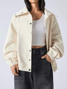 LYSMO 女士纯色长袖单排扣休闲宽松衬衫 - 白色 - 查看 4