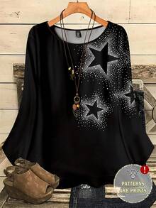EMERY ROSE 大码女式休闲星形波点印花宽松圆领七分袖衬衫，黑色 - 彩色 - 查看 1