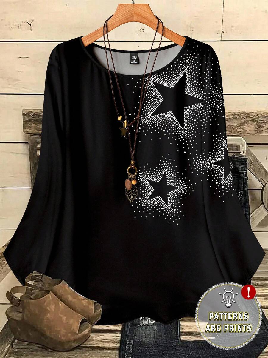 EMERY ROSE 大码女式休闲星形波点印花宽松圆领七分袖衬衫，黑色 - 彩色 - 查看 1