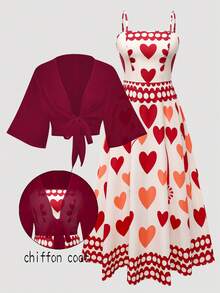 Franclia Conjunto de vestido de gasa con estampado floral diminuto y cárdigan elegante para mujer talla grande, para verano - Burdeos - Ver 2