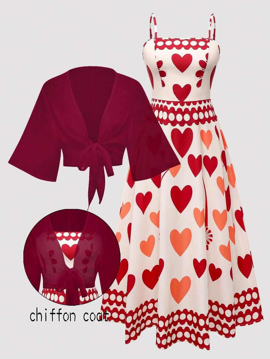 Franclia Conjunto de vestido de gasa con estampado floral diminuto y cárdigan elegante para mujer talla grande, para verano