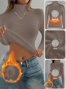 Franclia 时尚百搭高领厚款无缝修身长袖针织毛衣，百搭秋冬 - 藕粉色 - 查看 8