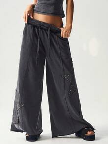 Bohemela Women's Casual Solid Color Knit Loose Wide-Leg Washed Pants - Grey - View 6