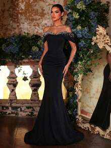 Glamrae 优雅黑色高弹针织极简露肩奢华手工串珠高腰修身美人鱼尾拖尾正式礼服，适合所有正式场合，正式晚礼服 - 黑色 - 查看 3