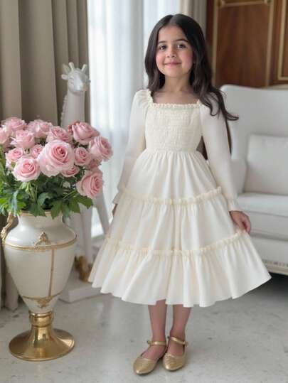 Elladie kids Vestido midi de estilo francés dulce para niñas con cuello cuadrado, mangas abullonadas, cintura fruncida y volantes en el bajo