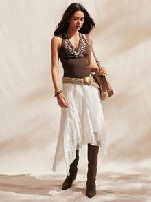 Easelle 棕色针织高领修身女式上衣 - 棕色 - 查看 4